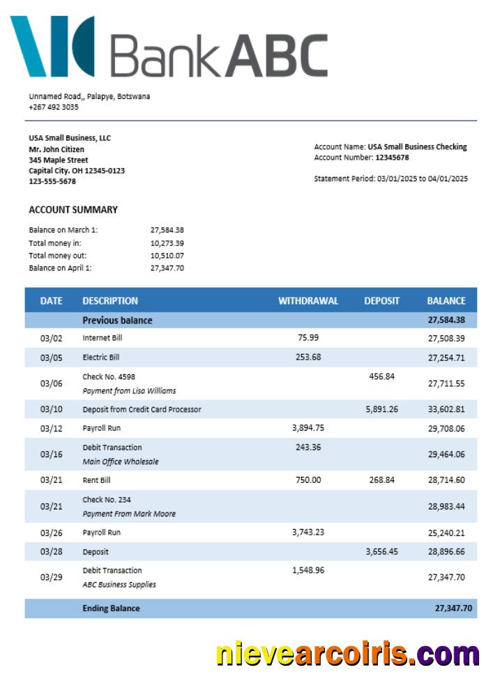 ABC bank company checking account statement